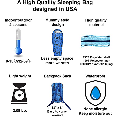 KidzAdventure Mummy Style 32 – 59F Kids Sleeping Bag with Pillow Sleeve, 4 Season, Lightweight and Backpacking Style, Idea...