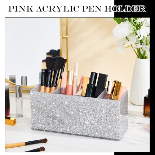 Jetec Acrylic Glitter Pen Holder 4 Compartments Bling Makeup Brush Stationery Organizer Pencil Holder for Desk Accessories...