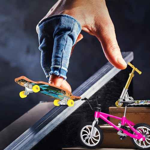 Skylety 31 Pieces Mini Finger Toys Set for Boy Girl Includes 6 Finger Skateboards, 4 Bikes, 2 Mini Scooters 4 Swing Board 8 Matched Wheels 7 Tool Accessories Educational Toy Party Favor(Novel)