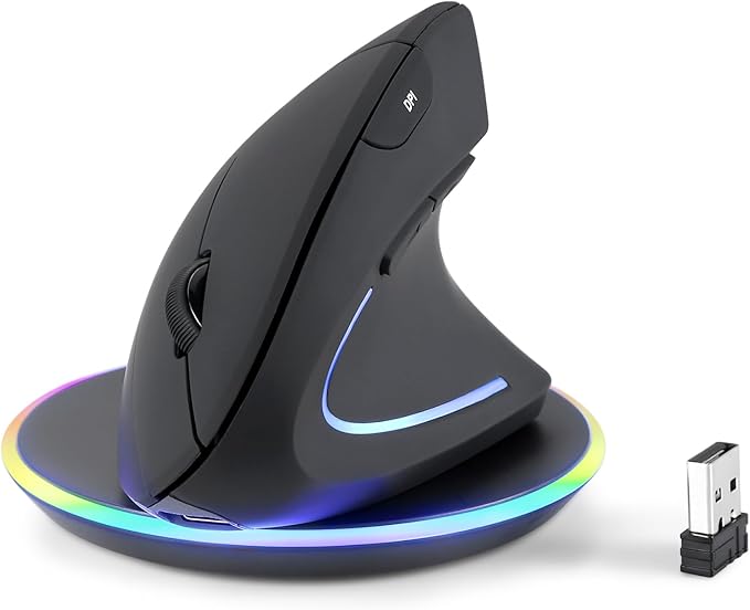 Perixx PERIMICE-713RX Wireless Rechargeable Vertical Mouse - Duo Wired and Wireless Charging Feature - Charging Pad Includ...