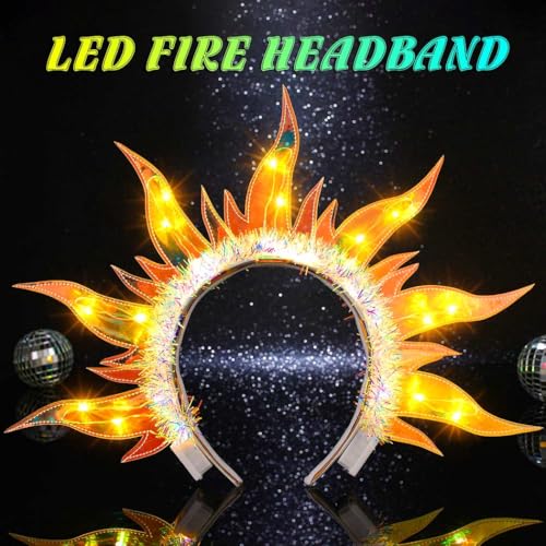 JEAIRTS Light Up Fire Headband Glow Flame Crown Headpiece Led Sun Goddess Hair Accessories for Women