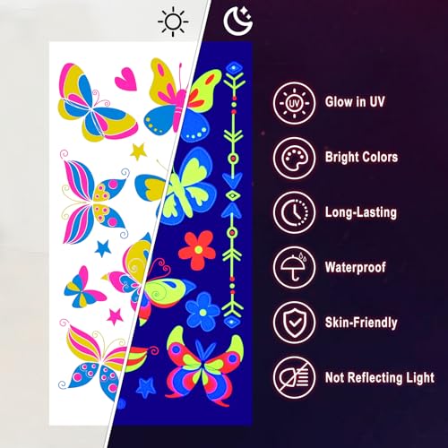 Ozepao 20 Sheets Glow in The Black Light Temporary Tattoos, Glow Party Supplies for Adults and Kids, 160+ Neon UV Glow Flu...