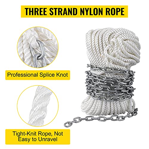 VEVOR Anchor Rode and Chain, 15' x 5/16" Boat Anchor Chain, 1/2" x 200' Nylon Rope, 2.2T Chain Tension Galvanized Steel Chain, Windlass-Grade Three Strand Twist Nylon, Anchor Chain for Boats, Ships