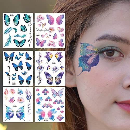 14 Sheets Glitter Butterfly Temporary Tattoos Sticker for Women Girls Eye Face Makeup Decoration, Flash Fairy Body Art Shi...