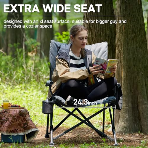 EVER ADVANCED Padded Oversized Folding Camping Chair for Adults, Heavy Duty Lawn Chair with Side Pockets, Portable Collaps...