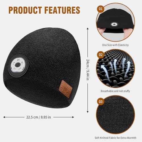 Bluetooth LED Beanie Hat, Rechargeable Music Beanie Cap for Winter, Headlamp hat Music hat & Calls, 3 Light Modes for Running Hiking Camping, Black (Unisex)