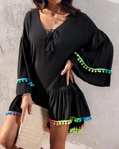 Womens Boho V Neck Chiffon Tassel Dress Flowy Bell Sleeve Loose Beach Cover Up Vacation Festival Summer Outfit