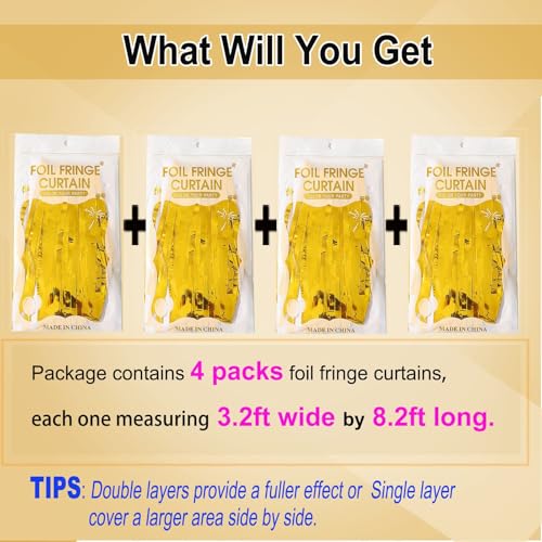 Gold Streamers Backdrop Curtains - 4 Pack of 3.2x8.2ft Gold Foil Fringe Curtain for Birthday Party Decorations