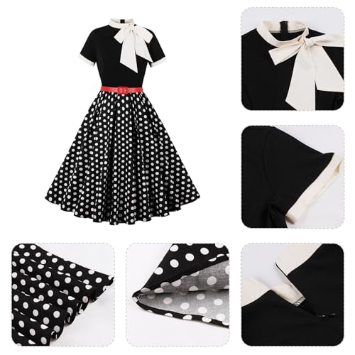 50s Style Dresses for Women Vintage Short Sleeve Tie Neck Swing Dress Midi Prom Dress with Belt