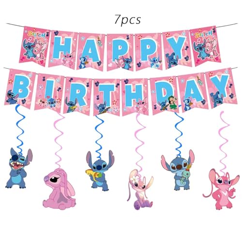 88Pcs pink Stitch Party supplies, including banners, plates, paper cups, tissues, pendant decorations, perfect for Stitch ...