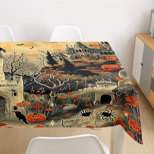 Happy Halloween Table Cloth Trick Or Treat Themed Tablecloths Halloween Ghost Print Picnic Table Cover Castle Spider Bats Decor Table Clothes Pumpkin Lantern Gothic Style Tablecloths,55"x55"