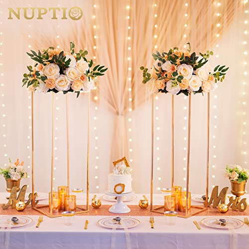 Nuptio Gold Vases for Centerpieces Wedding with Acrylic Panel - 2 Pcs 31.5 inch Tall Metal Flower Vase Flowers Stand - Ele...