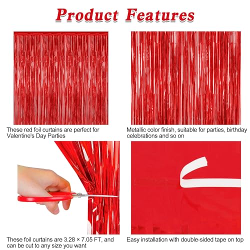 4 Pack Red Backdrop, 3.28 FT x 7.05 FT Party Streamer, Valentines Day Metallic Birthday Tinsel Backdrop Foil Fringe Curtai...