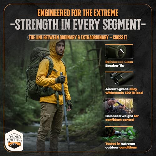 Prime Adventure 15-in-1 Tactical Survival Walking Stick & Hiking Staff – Heavy-Duty Collapsible Multitool for Camping, Hik...
