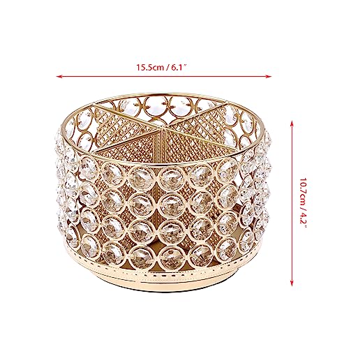 BTSKY Crystal 360 Degree Rotating Desk Organizer Decorative Storage Box with 4 Compartments, Glitter Metal Makeup Brush Ho...