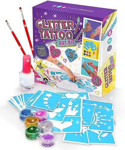 Original Stationery Glitter Tattoo Kit - 33-Piece Multicolor Set, Ages 3-8, 24 Stencils, 6 Color Pots, 2 Brushes & Adhesiv...
