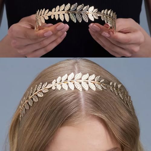 5 Pieces Greek Goddess Costume Accessories Set, 1 Piece Golden Leaf Crown Headband, 2 Pieces Coil Upper Armband Bracelet, ...