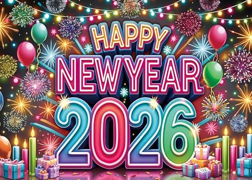 2026 Neon Happy New Year Backdrop Colorful Fireworks Balloons New Year's Eve Photography Background Cheers to 2026 Holiday...