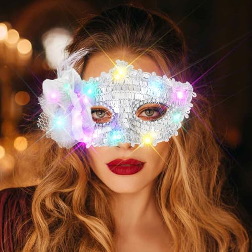 BODIY Light Up Masquerade Mask Halloween Black Venetian Masks Prom Costume Eye Mask for Women