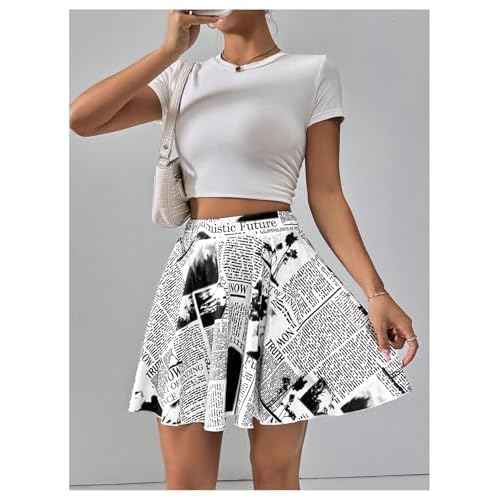 WDIRARA Women's Newspaper Graphic Print Skorts High Waist Flowy Athletic Skirts with Shorts Underneath