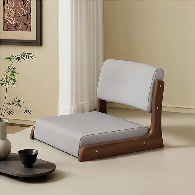 Japanese Style Legless Floor Chair with Back Support, Wooden Tatami Meditation Chair with Cushion, Low Sofa Floor Seat for Living Room, Bedroom, Bay Window(Linen 3)
