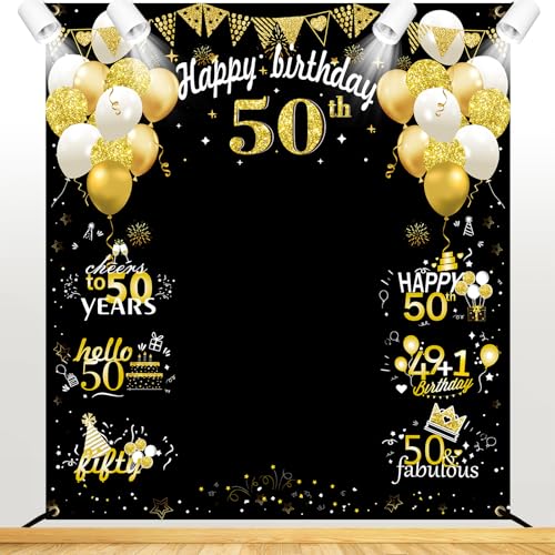 Large 50th Birthday Decorations, Big 50 Birthday Banner for Women Men, Black Gold Funny Fifty Years Bday Photo Booth Props...