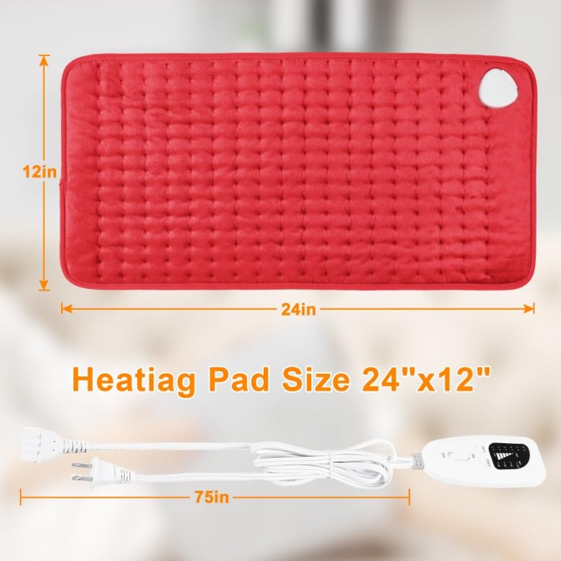 Deepsoon Heating Pad,Electric Heating Pads for Back,Neck,Abdomen,Moist Heating Pad for Shoulder,Knee,Arms,Legs,Dry/Moist Heat & Auto Shut Off,Christmas Gifts for Men and Women,Red,24x12 Inch