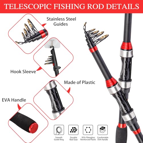 I00000 Fishing Rod and Reel Combos with Fiberglass Telescopic Fishing Pole - Spinning Reel Fishing Carrier Bag, Freshwater...