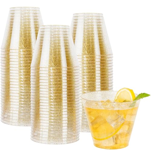 I00000 100pcs Gold Plastic Cups - 9 OZ Hard Gold Glitter Disposable Cups for Cocktail And Drinking - Premium Disposable Pl...