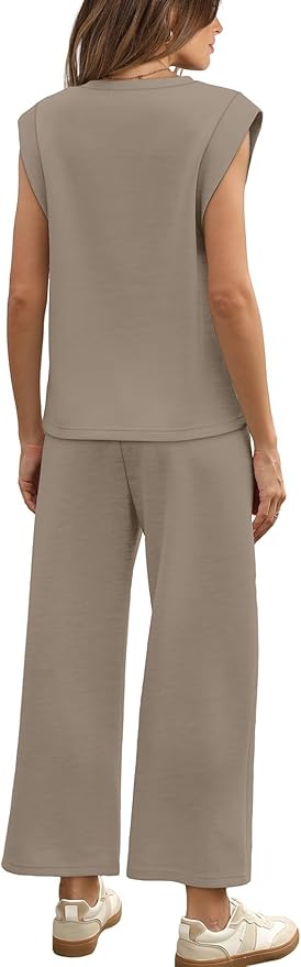 WIHOLL 2 Piece Sets for Women Summer Lounge Sets Travel Vacation Outfits Cap Sleeve Sweatsuit Side Slit Wide Leg Pants S-3XL