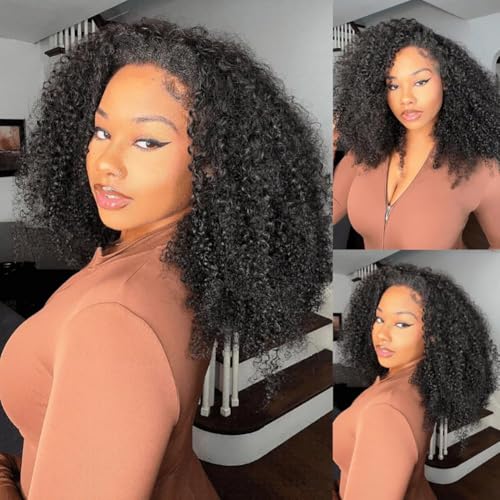 Kinky Curly Half Wig Human Hair 200 Density 3 In 1 Seamless Flip Over Half Wigs Human Hair Glueless Kinky Curly Wig Human Hair Drawstring Headband Wig for Women 20 Inch