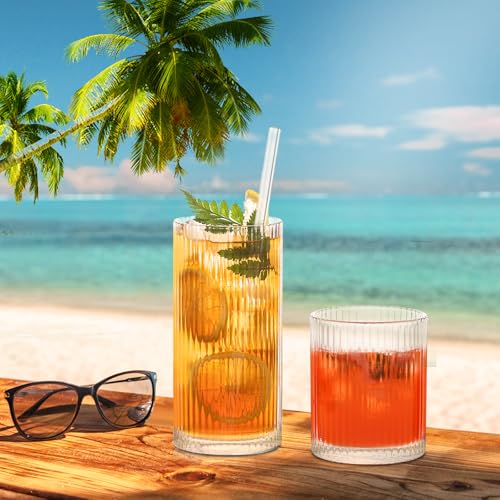 INSETLAN 12-Piece Ribbed Glassware - 6 Highball Glasses 12 oz, 6 Rocks Glass Cups 14 oz, Vintage Cocktail Drinking Glasse...