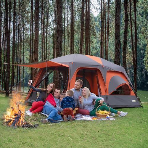 8–10-12 Person Camping Tent, 2 Room Family Tent with Zippered Divider, Porch, Rainfly, Extra Large Waterproof Cabin Tent w...