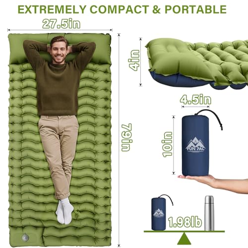 FUN PAC Camping Sleeping Pad, Ultralight Camping Mat with Pillow, Built-in Foot Pump Inflatable Sleeping Pads Compact for ...