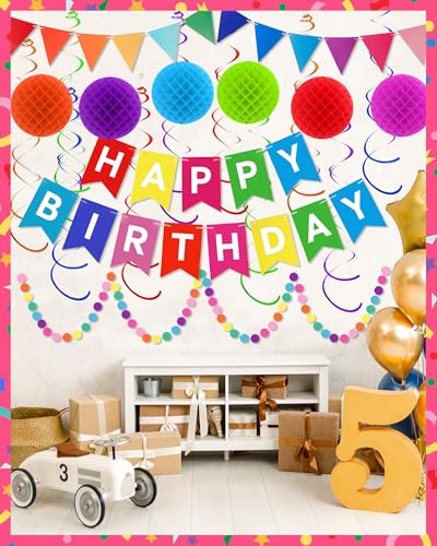 Oomloid Happy Birthday Party Decorations - Colorful Happy Birthday Banner Swirl Streamers Honeycomb Balls Circle Dots Garl...