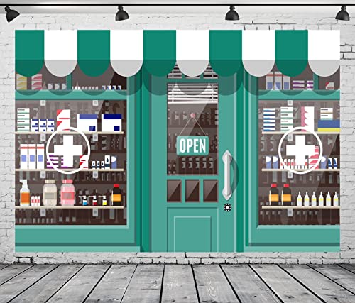 CORFOTO 7x5ft Fabric Facade Pharmacy Store Backdrop Storefront Shop Building Medicines on The Shelf Background Pharmacy Th...