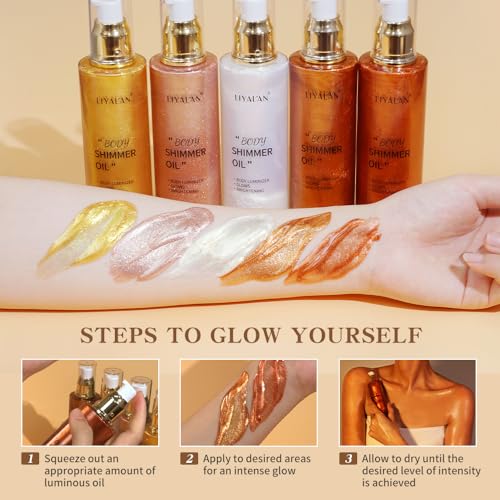Liyalan Shimmer Body Oil 5 Color Gold 3.38 Fl Oz Face Glow Pearl Highlighter Illuminator Body Makeup Shine Glitter Gold Li...