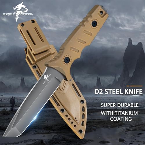 Purple Dragon Khaki Fixed Blade Outdoor Knife with Kydex Sheaths,D2 Steel Camping Knives for Bushcraft,Hiking and Wilderne...