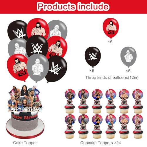 Wrestling Birthday Decorations,Wrestling Boxing Match Party Supplies Include Happy Birthday Banner, Cake Topper and Cupcak...