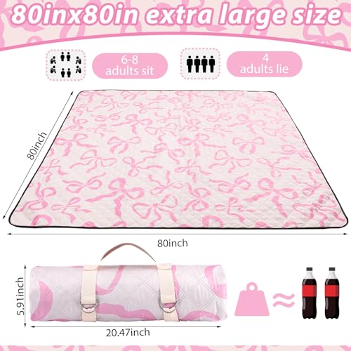 SmoothNovelty Pink Bow Picnic Blanket 80'' x 80'' Waterproof Extra Large Camping Blanket Coquette Picnic Mat Foldable Port...