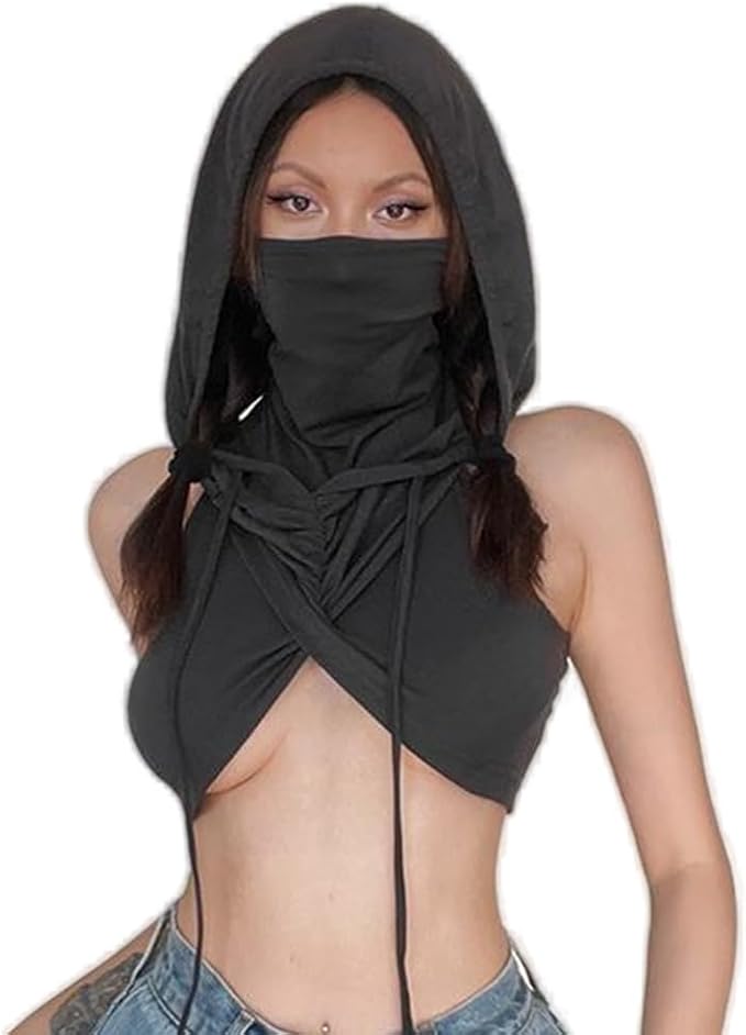 Women's Sleeveless Hooded Crop Top Y2k Streetwear Rave Outfit