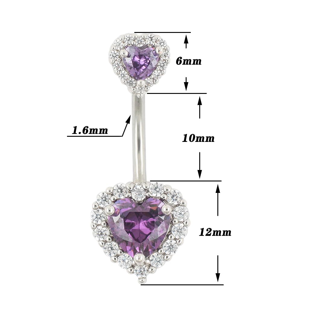 Excepro Belly Rings 316L Surgical SS PVD Plated Multicolor Heart CZ Navel Piercing Shiny Belly Button Rings (purple)