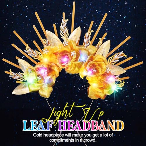 Kilshye Light Up Goddess Headband Gold Flower Headpiece Leaf Halo Headbands for Women