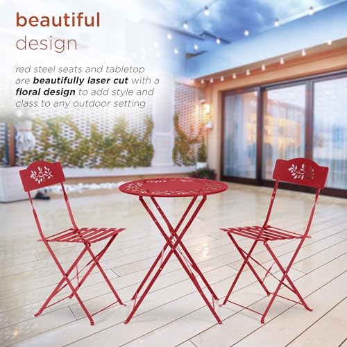 Alpine Corporation Indoor/Outdoor 3-Piece Bistro Set Folding Table and Chairs Patio Seating, Red