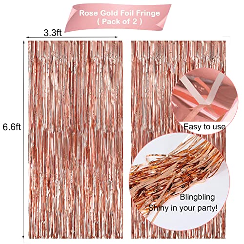 Rose Gold Birthday Party Decorations, Happy Birthday Banner, Rose Gold Fringe Curtain, Heart Star Foil Confetti Balloons, ...