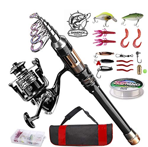 ShinePick Fishing Rod Kit, Telescopic Fishing Pole and Reel Combo Full Kit with Line Lures Hooks Carrier Bag for Travel Sa...