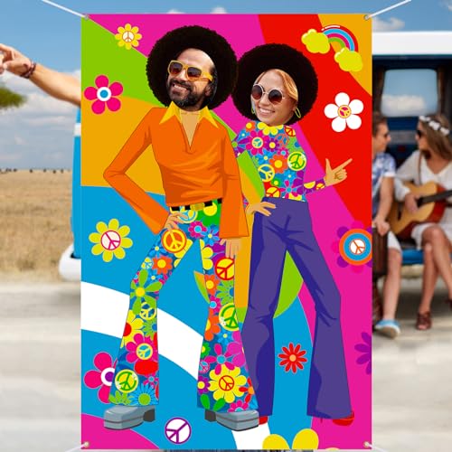 Buryeah 2 Pcs 60's Theme Party Decorations Hippie Bus Photo Prop Hippie Theme Party Backdrop Groovy Selfie Frame Banner fo...