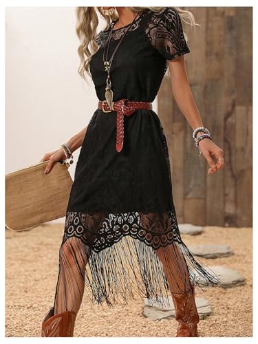 WDIRARA Women's Western Concert 2 Piece Outfits Short Sleeve Sheer Fringe Dress and Cami Dress Set