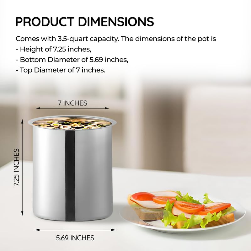 OCS Parts 3.5 Quart Bain Marie Pot with Lid Set | 7-3/4" x 5-11/16" Stainless Steel Pot for Warm or Cold Food, Home Kitchens, Stovetop, Steam Tables, Soup Warmers or Buffet and Salad Bars