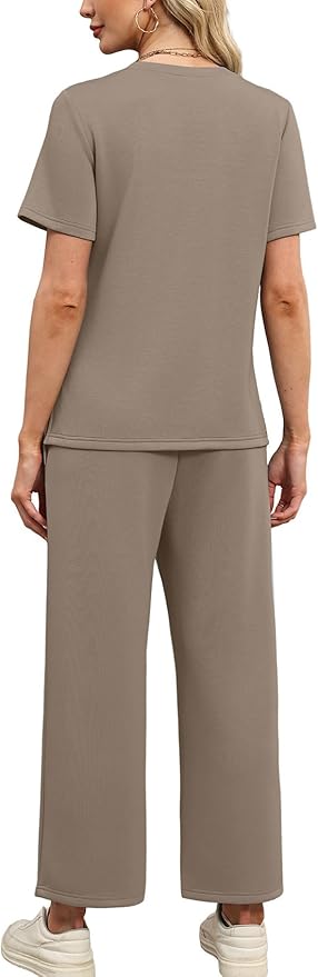 WIHOLL Two Piece Sets for Women Summer Travel Vacation Outfits Short Sleeve Lounge Sets Side Slit Wide Leg Pants S-3XL